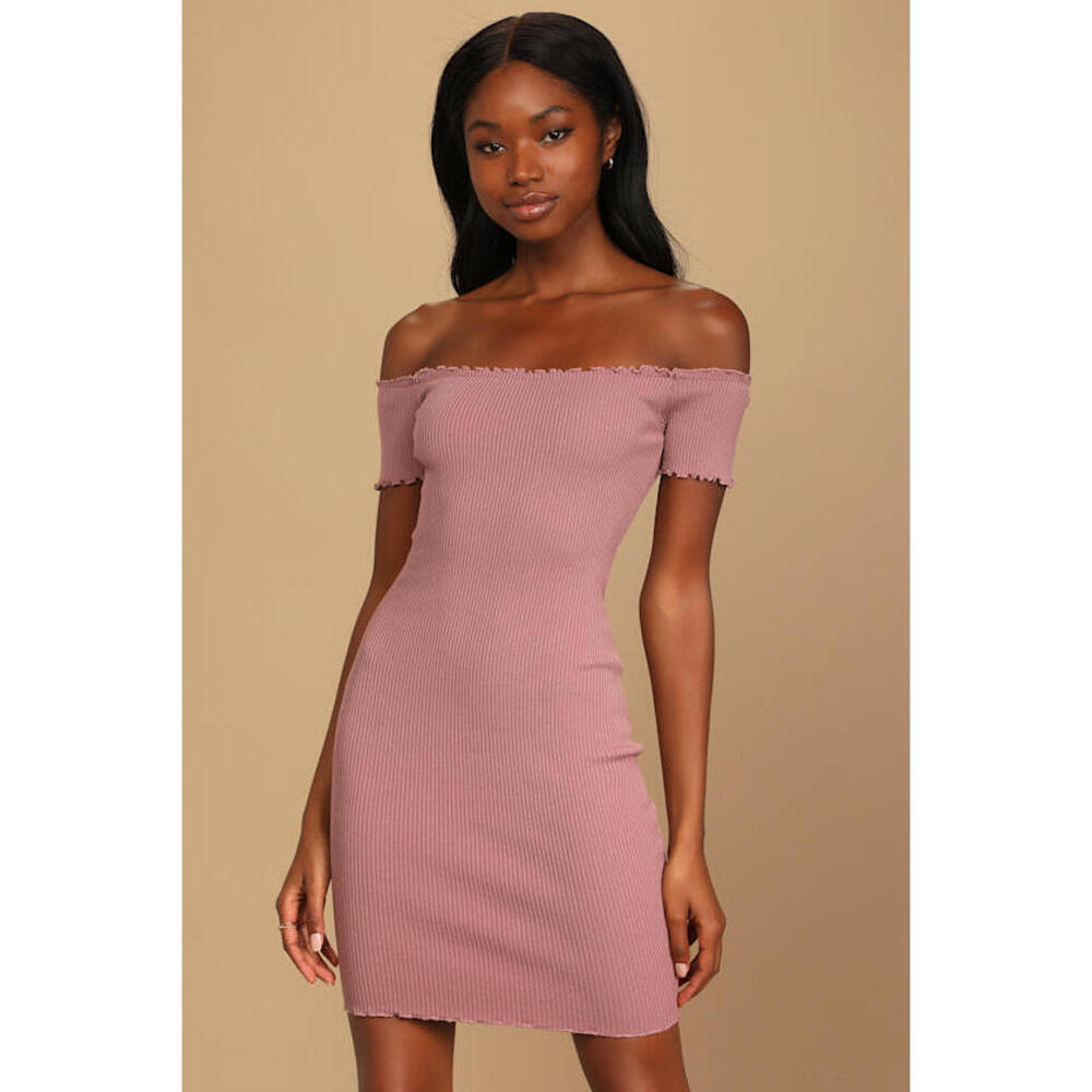Lulus Growing Bolder Dusty Plum Ribbed Off-the-shoulder Bodycon Dress Purple NWT